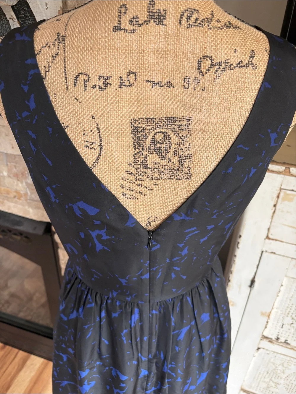 J. Crew 100% silk black and blue sleeveless dress featuring gathered halter neck